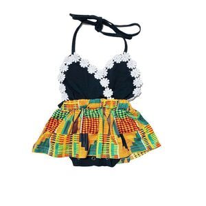 New Boho African Print Daisy Trim Skirted Pinafore Romper